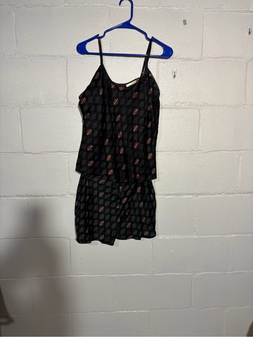 Vintage Harley-Davidson Black Floral-Print Slip Romper with Spaghetti Straps